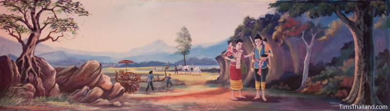 Vessantara Jataka mural of Prince Vessantara and family walking