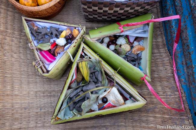 three kratong filled with food at Boon Berk Bahn