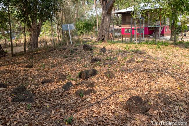 scattered laterite blocks with school building in the back