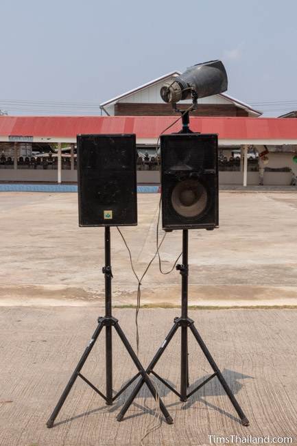 PA speakers outside the temple