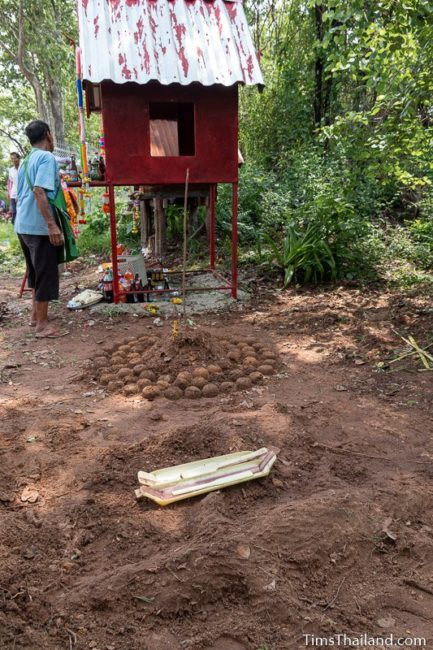 stupa, crocodile, and turtle made of dirt in front of shrine