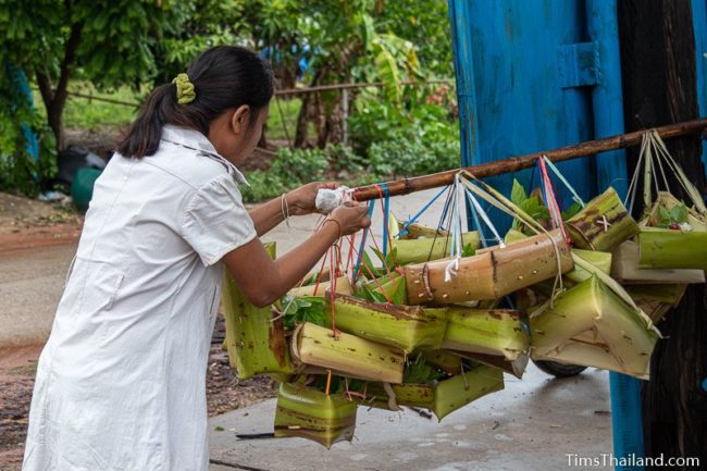 woman hanging kratong on bamboo pole