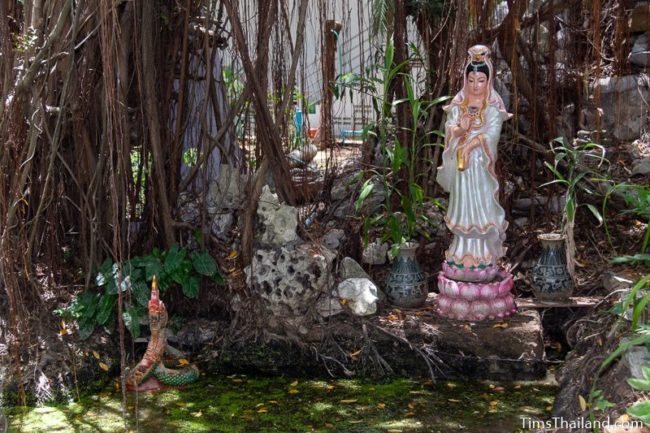 goddess Guan-Im statue in algae covered quarry pond