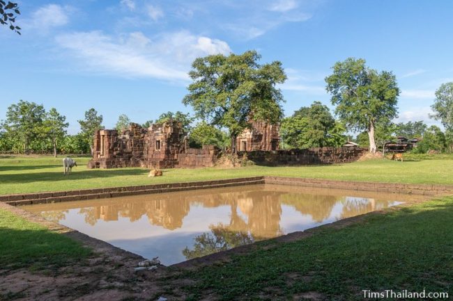 pond in front and temple in background