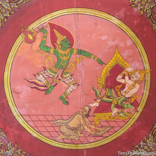 temple mural painting of Indra threatening a king