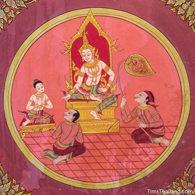 temple mural painting of man on throne talking to people