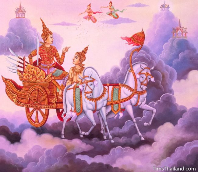 temple mural painting of man riding chariot in heaven