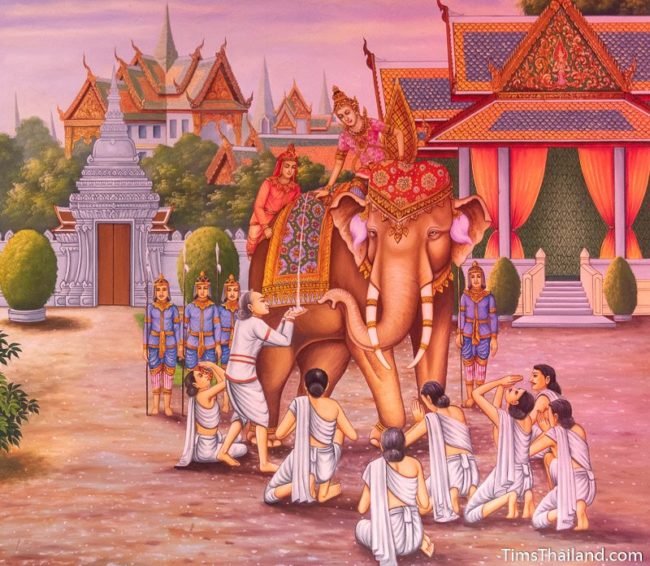 temple mural painting of people standing around an elephant