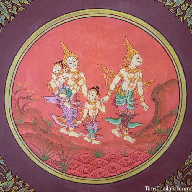 temple mural painting of family walking in forest