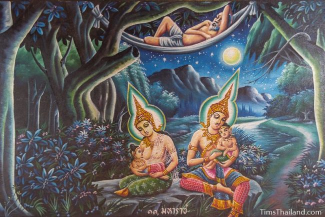 temple mural painting of man in hammock and gods caring for kids below him