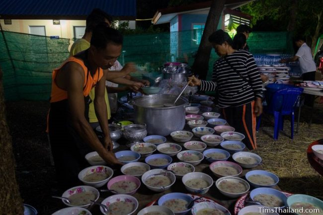 filling bowls of rice porridge