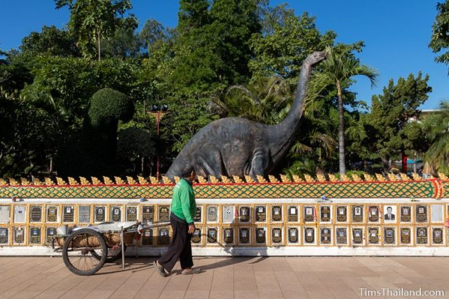 man walking past dinosaur statue