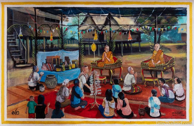 painting of people donating things to monks
