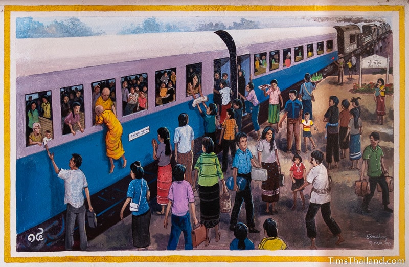 painting of people getting on and off a very busy train