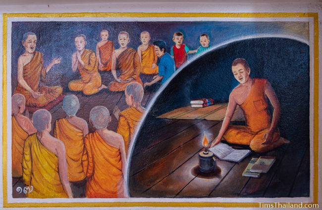 painting of group of monks talking and a single monk reading by candle light