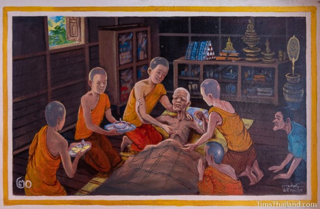 painting of novices caring for a sick old man