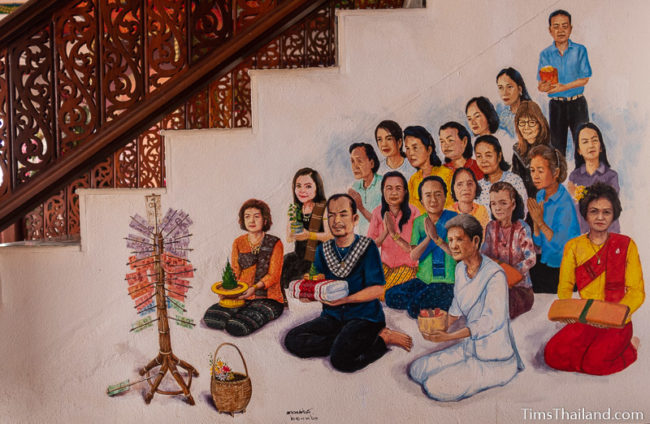 painting of people sitting in front of a money tree being donated to the temple