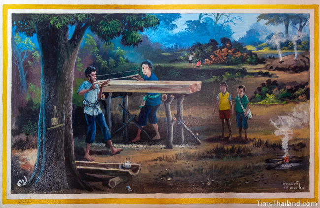 painting of people sawing wood