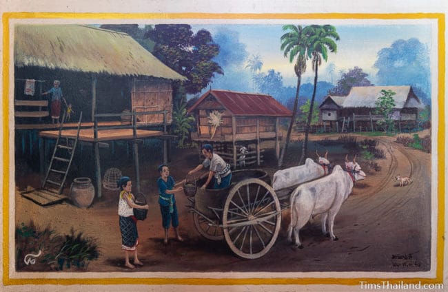 painting of an ox cart in a village