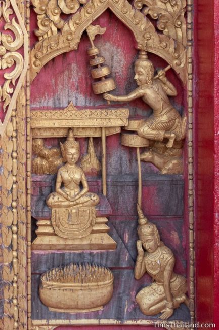 woodcarving of Indra breaking a royal umbrella.