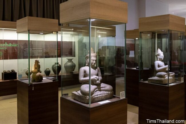 Khmer sculptures in display cases