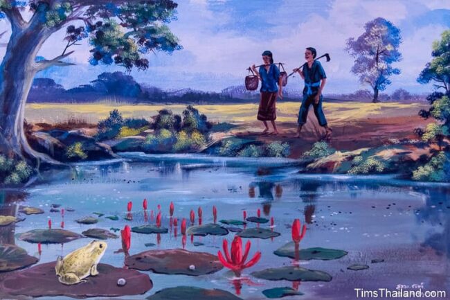 farmers walking past a pond