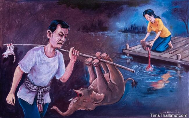 man carrying cat and elephant on a pole and woman dumping food into water