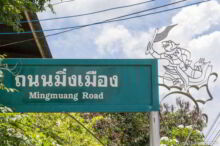 <b>Ban Niwet, Roi Et province</b><br>This village's former name was Ban Bong Ling, "Monkey Salt Lick Village" because there used to be a troop of monkeys that hung around a salt lick near the village. Monkey street sign from Ban Niwet, Roi Et province