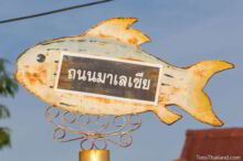 <b>Kanchanaburi city</b><br>This fish is Jullien's golden carp (<i>bplaa yisok</i>), a popular food that is common in rivers here. Some say that if you don't eat it, you didn't really visit Kanchanaburi. Fish street sign from Kanchanaburi city
