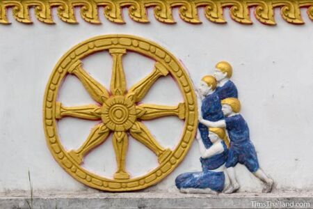 Relief of people pushing a dharma wheel
