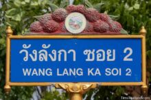 <b>Tha Kha-nun, Kanchanaburi province</b><br>The "Thong Pha Phum Rambutan," which has a small size and sweet taste, grows in this area. street sign with rambutan on top