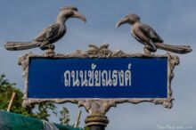 <b>Chainat city</b><br>Chainat Bird Park was once a very popular tourist destination, hence the choice of hornbills. street sign with two hornbill sculptures on top of it