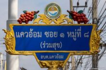 <b>Khwae Om, Samut Songkhram province</b><br>This area has a lot of lychee orchards. street sign with lychee