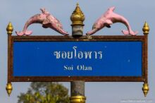 <b>Khanom, Nakhon Si Thammarat province</b><br>This area is renowned for the 60-or-so pink dolphins who live along the coast here and are routinely spotted during boat tours. street sign with dolphin